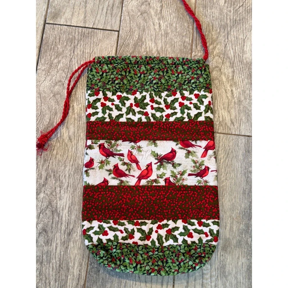 Set of 2 Handmade Fabric Cloth Christmas Bags Holiday Drawstring Totes Sack Gift